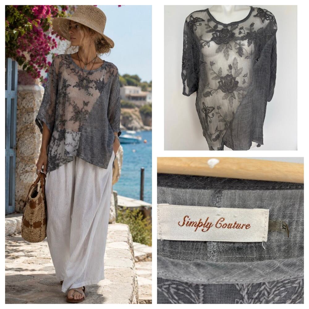Simply Couture Lagenlook Gauzy Sheer Asymmetric Top XL Gray Resort Euro Summer